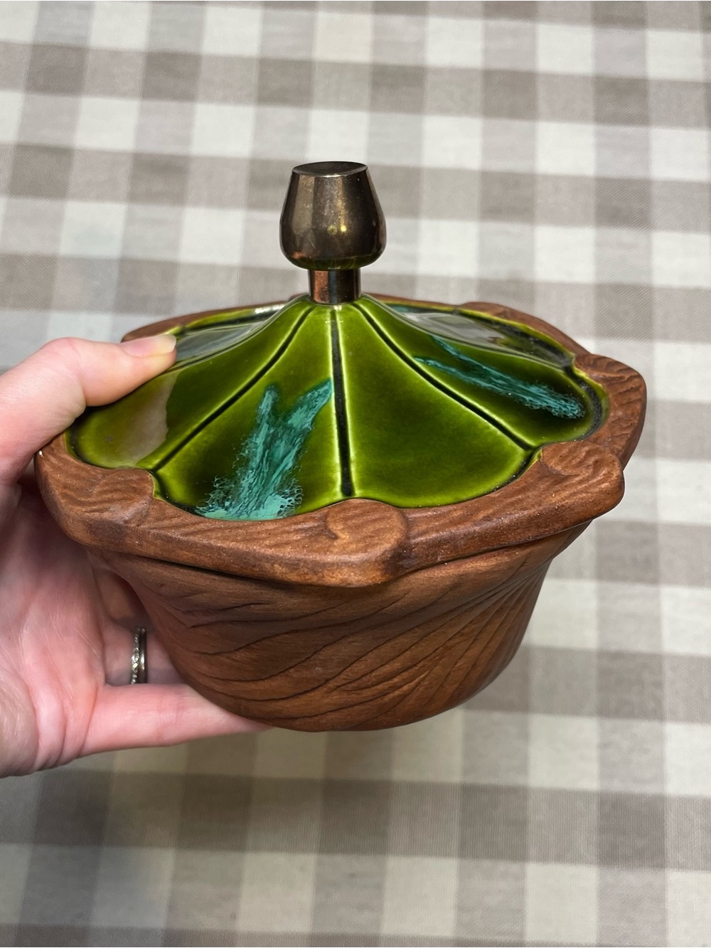 Vintage Sequoia California Pottery Lidded Ceramic Bowl - MCM Green & Brown